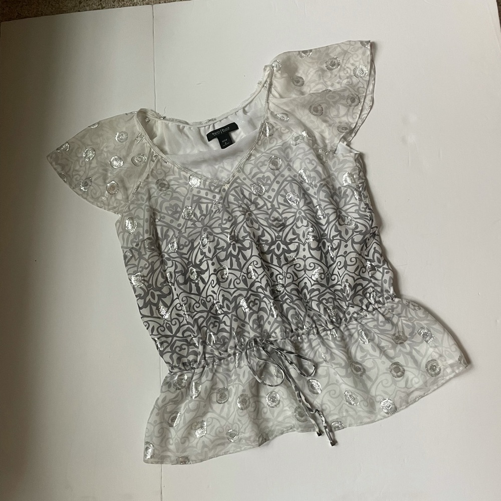 WHBM Silk shirt, sheer with a lining. Silver Foil & white design.  Beautiful!